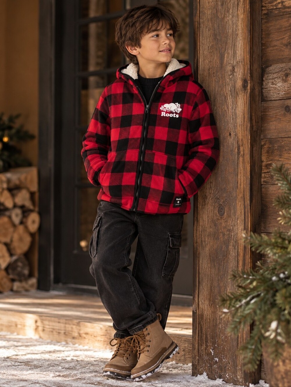 Roots Kids 9-10Y Red Black Buffalo Plaid Sherpa Lined Hooded Fleece Jacket
